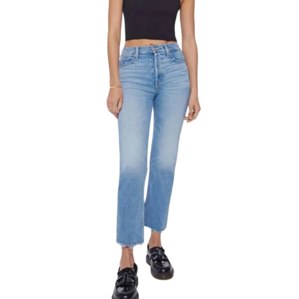 MOTHER The Tomcat Ankle Fray Blue Denim Jeans in From Out of Town Wash. Size 29
